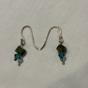 Green Stone and Teal Crystal Dangle Earrings - Women's Jewelry